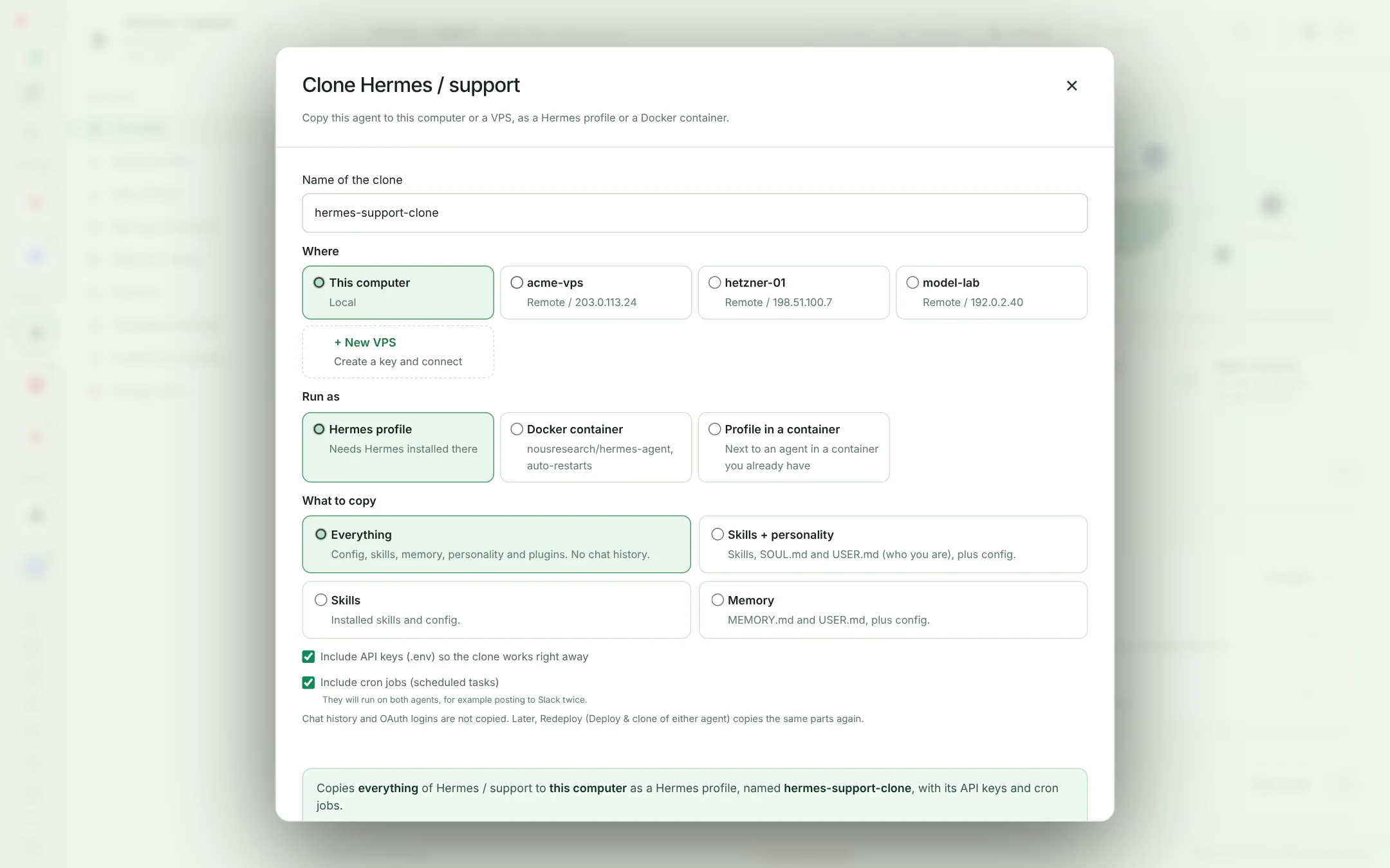 OPAYA Clone dialog sending a support agent to a VPS as a Docker container