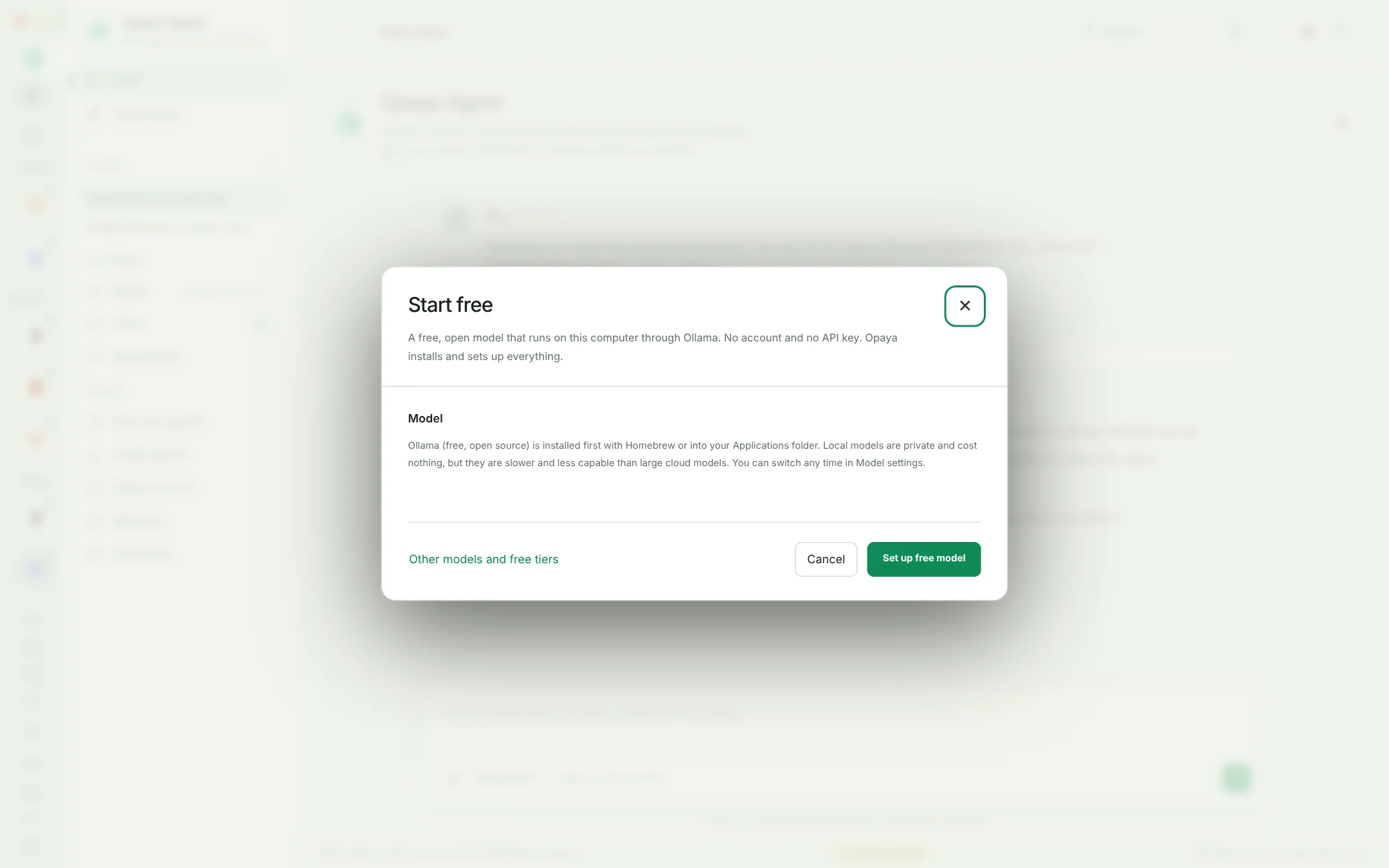 OPAYA Start free dialog offering free local models