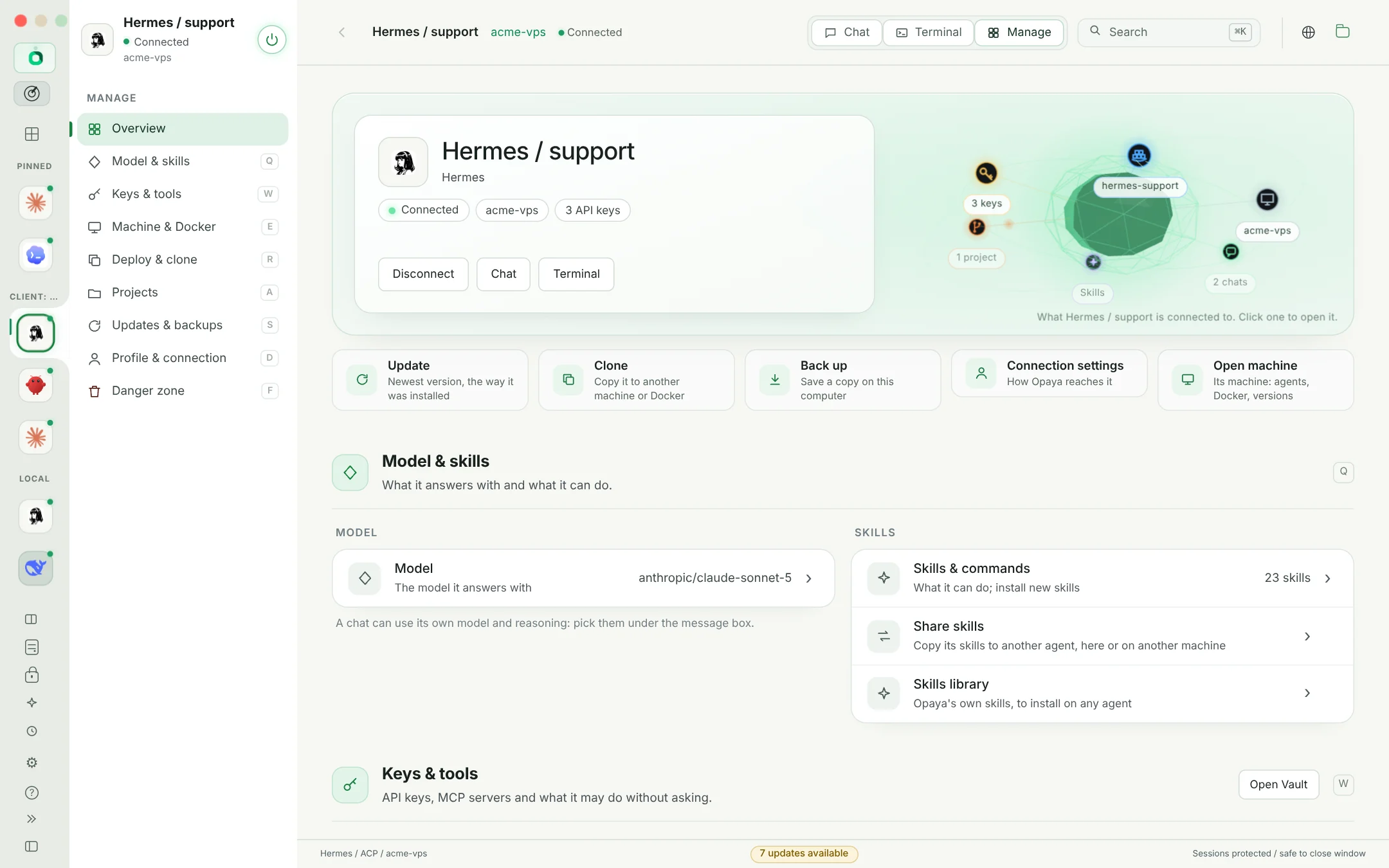 OPAYA Manage page for a client agent in Docker with its backups