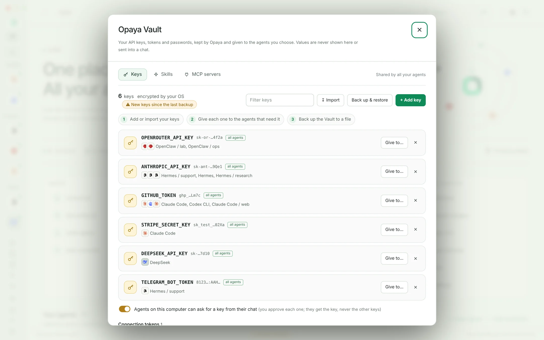 OPAYA Vault with six API keys and the agents that have each one